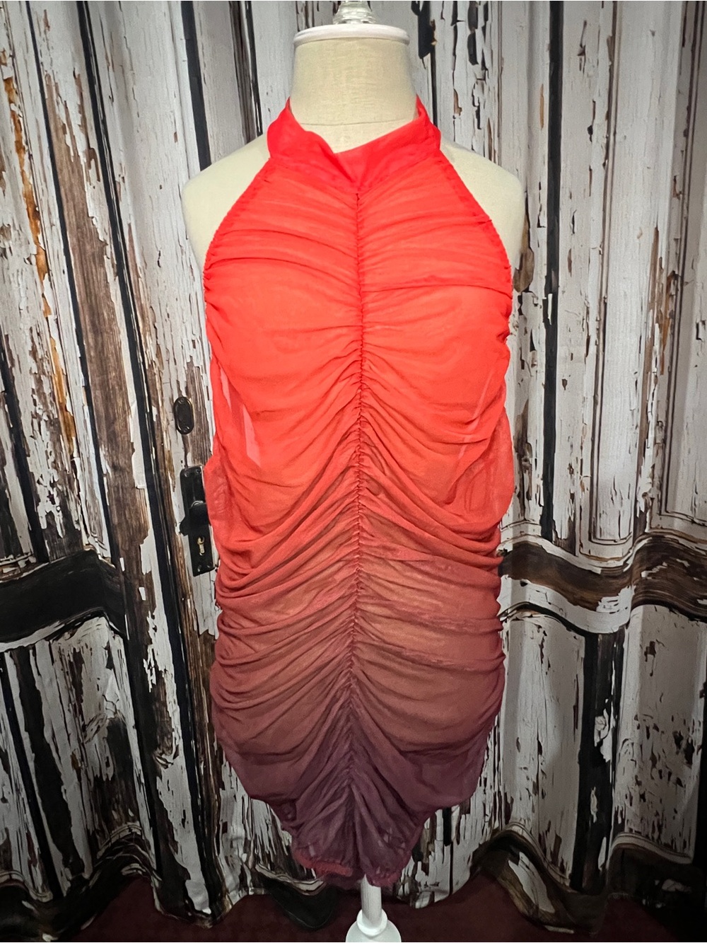 AKIRA Ombre Ruched Halter Mini Dress in Red to Plum